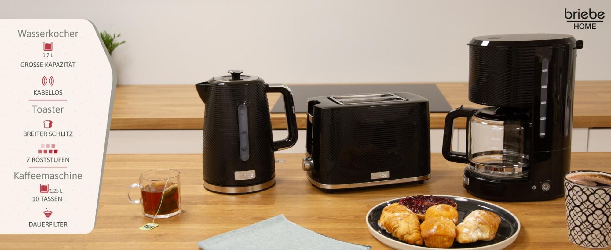 Briebe SKT1178BLK Elegance Set Toaster 2 Scheiben Wasserkocher 1,7L Filterkaffeemaschine 10 Tassen Schwarz
