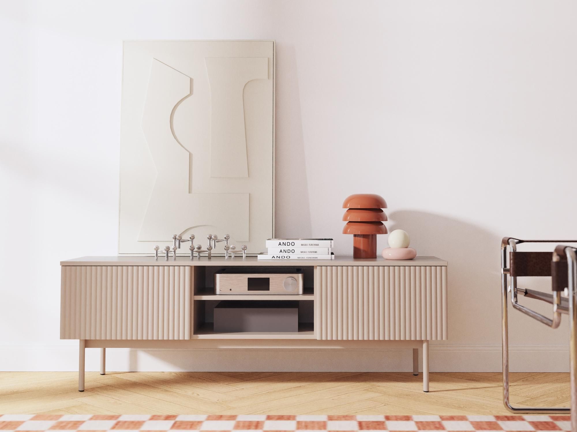 BEAUTYSOFA | TV-Schrank SOFT 150 cm Kaschmir, Fernseherschrank mit 2 Türen, offene Ablage und geriffelten Fronten, Push-to-Open-System