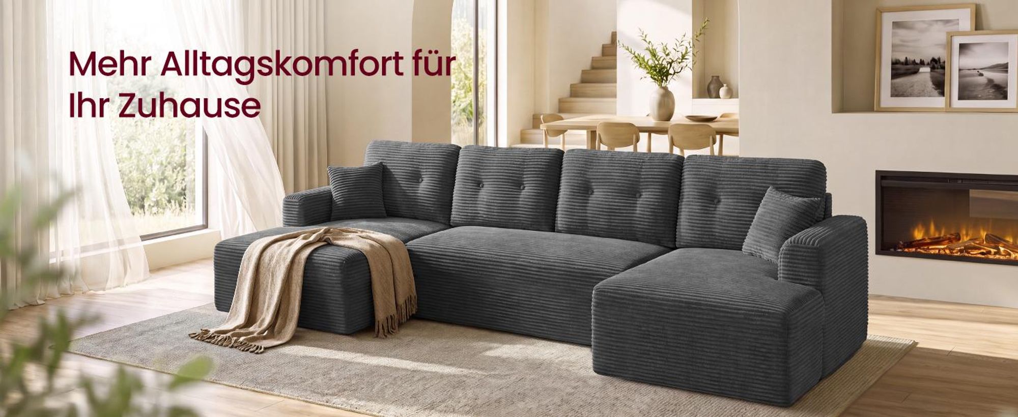 VASAGLE U-Form Sofa 6-Sitzer Modulares Cord Sofa mit Kissen 336 x 154 x 89 cm Grau