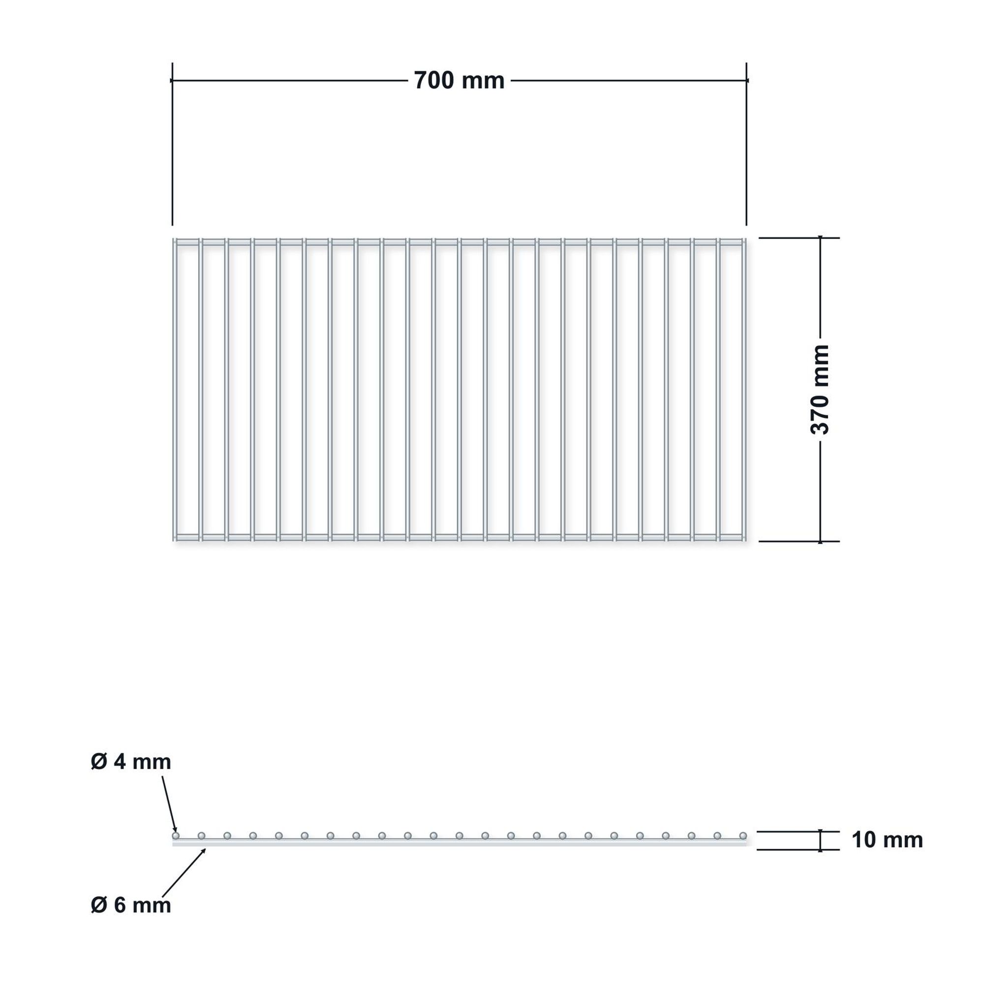 Griglia in acciaio inox 70 × 37 cm – disegno tecnico