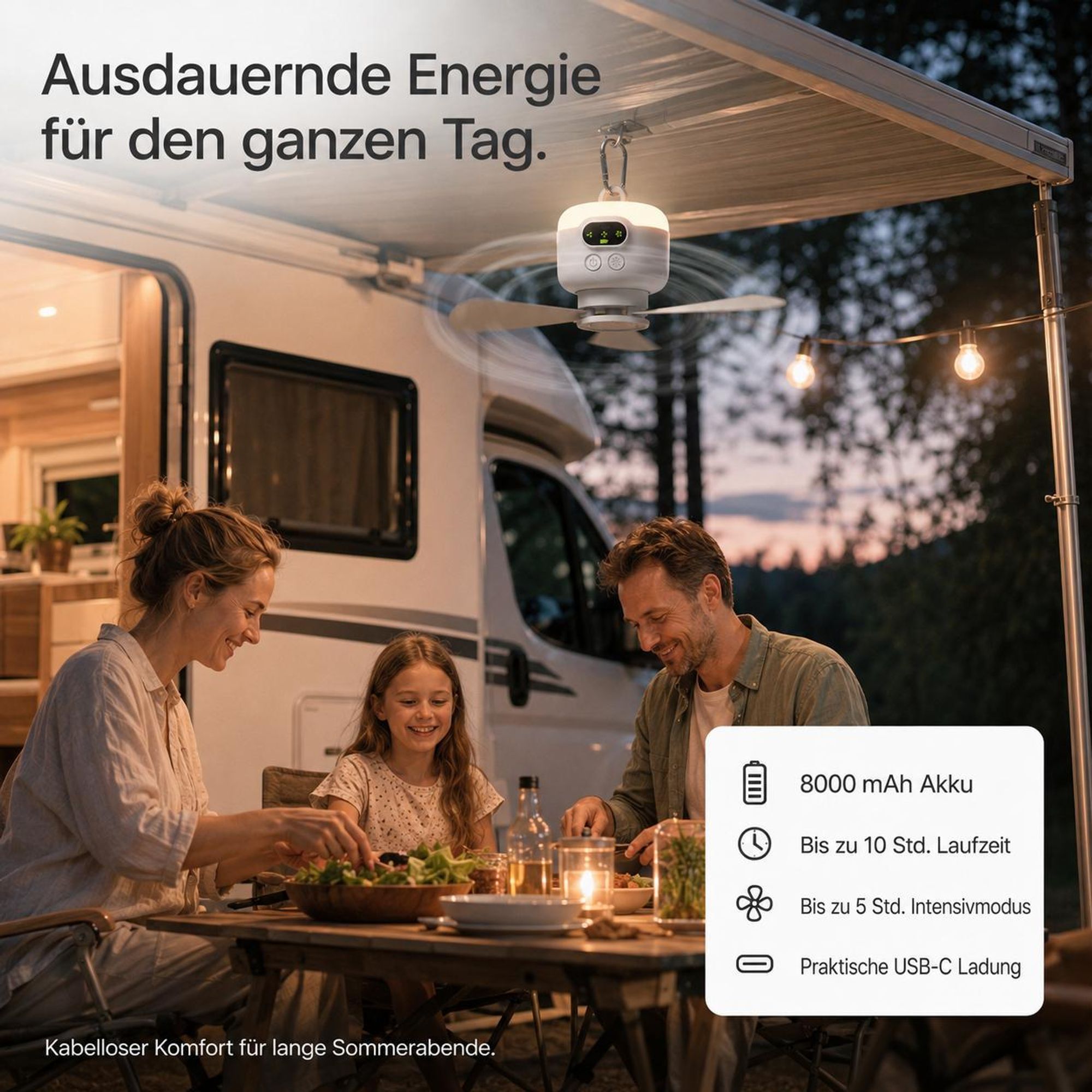 USB Ventilator mit Licht 8000mAh Akku Ventilator Hängender Fernbedienung Timer 4 Stufen Tragbare Camping Ventilator für Pavillon Wohnmobil Garten Zelt