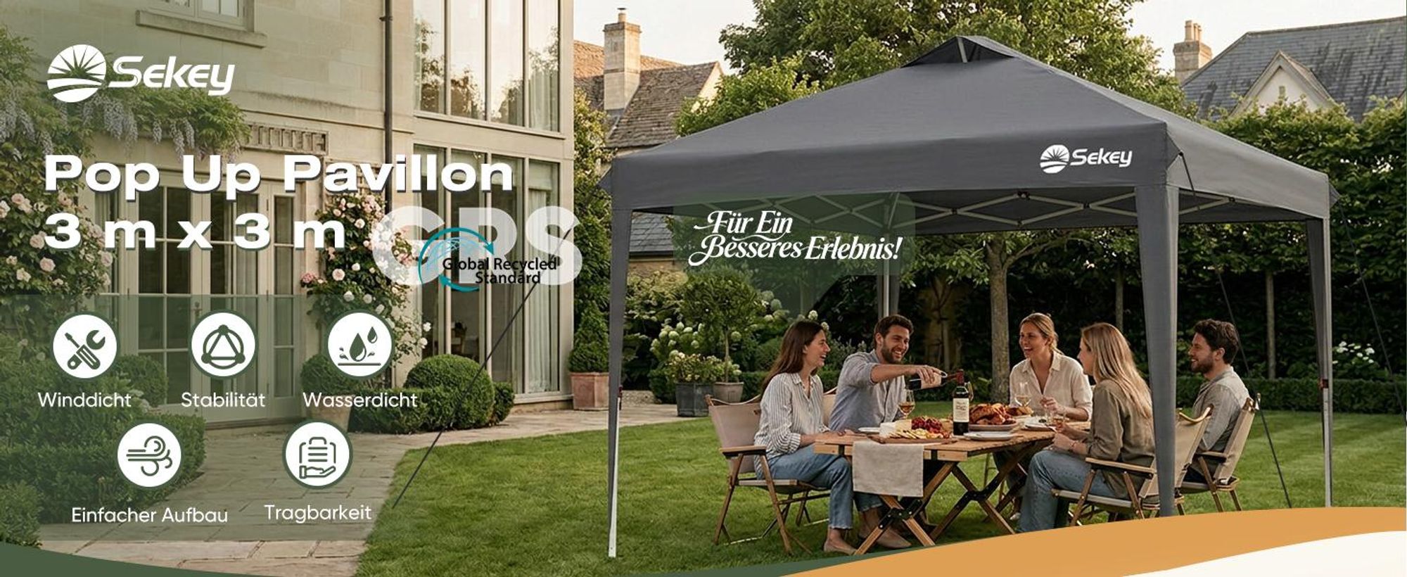 Sekey Faltpavillon 3x3 m, wasserdicht, UV-Schutz 50+, belüftet, 3 Höhen, stabil & windfest