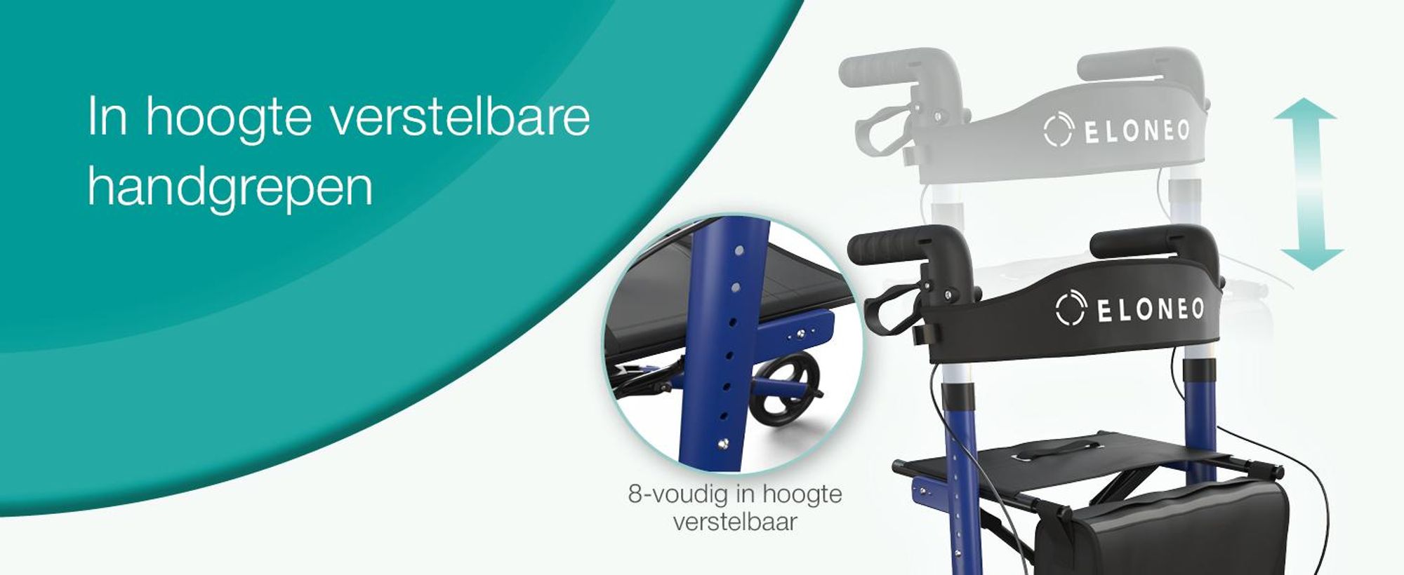 ELONEO inklapbare en lichte rollator met zitplaats, lichtgewicht reiskofferrolator van aluminium, loophulp met 8-voudige hoogteverstelling, inklapbaar in 3 standen