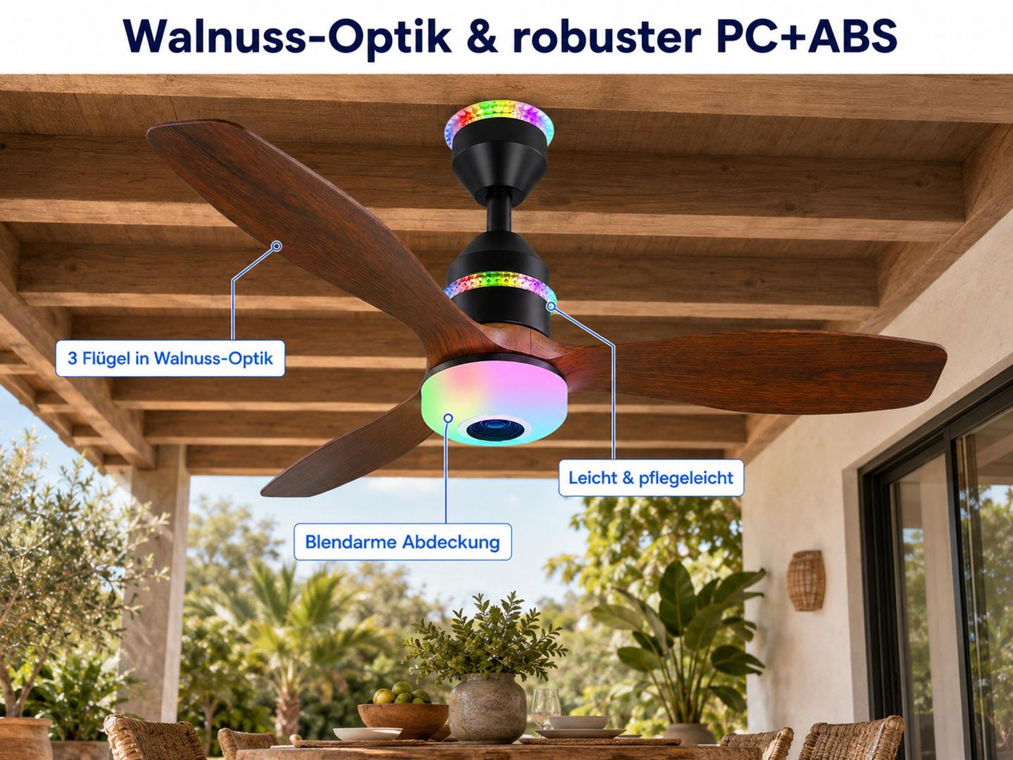 Deckenventilator mit Licht Ø60cm 48W Deckenlampe mit Ventilator Bluetooth Musik & RGB Farbwechsel 3 Geschwindigkeiten LED Dimmbar Fernbedienung