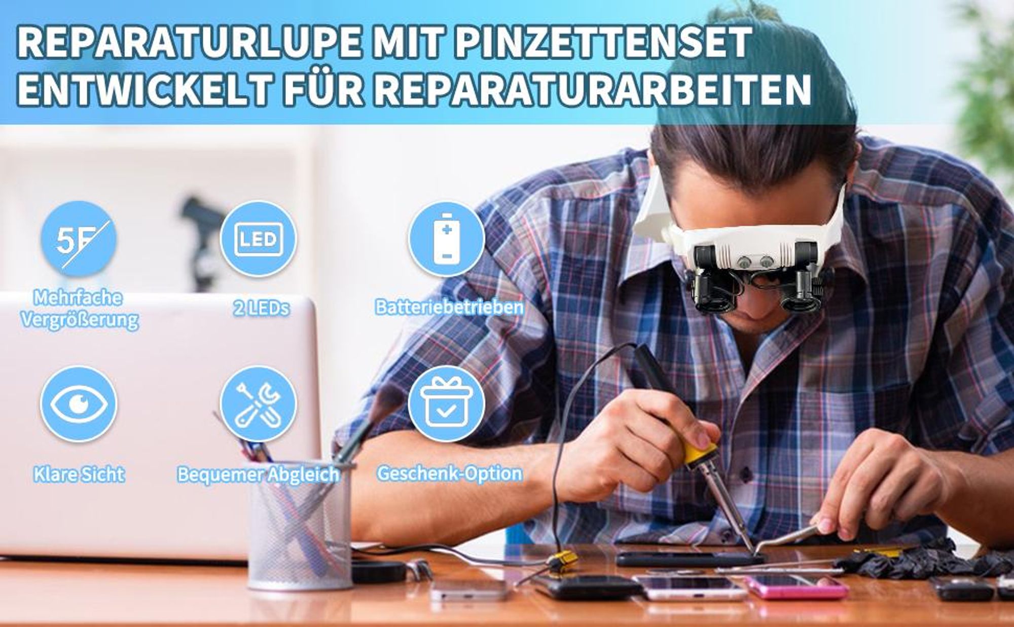 Lupenbrille, Lupen mit 2 LED Licht, Vergrößerungsbrille, Kopflupe, Wechselobjektiv, 3X 4X 5X 6X 7X 10X 15X zum Lesen von Basteluhren Reparatur Schmuck