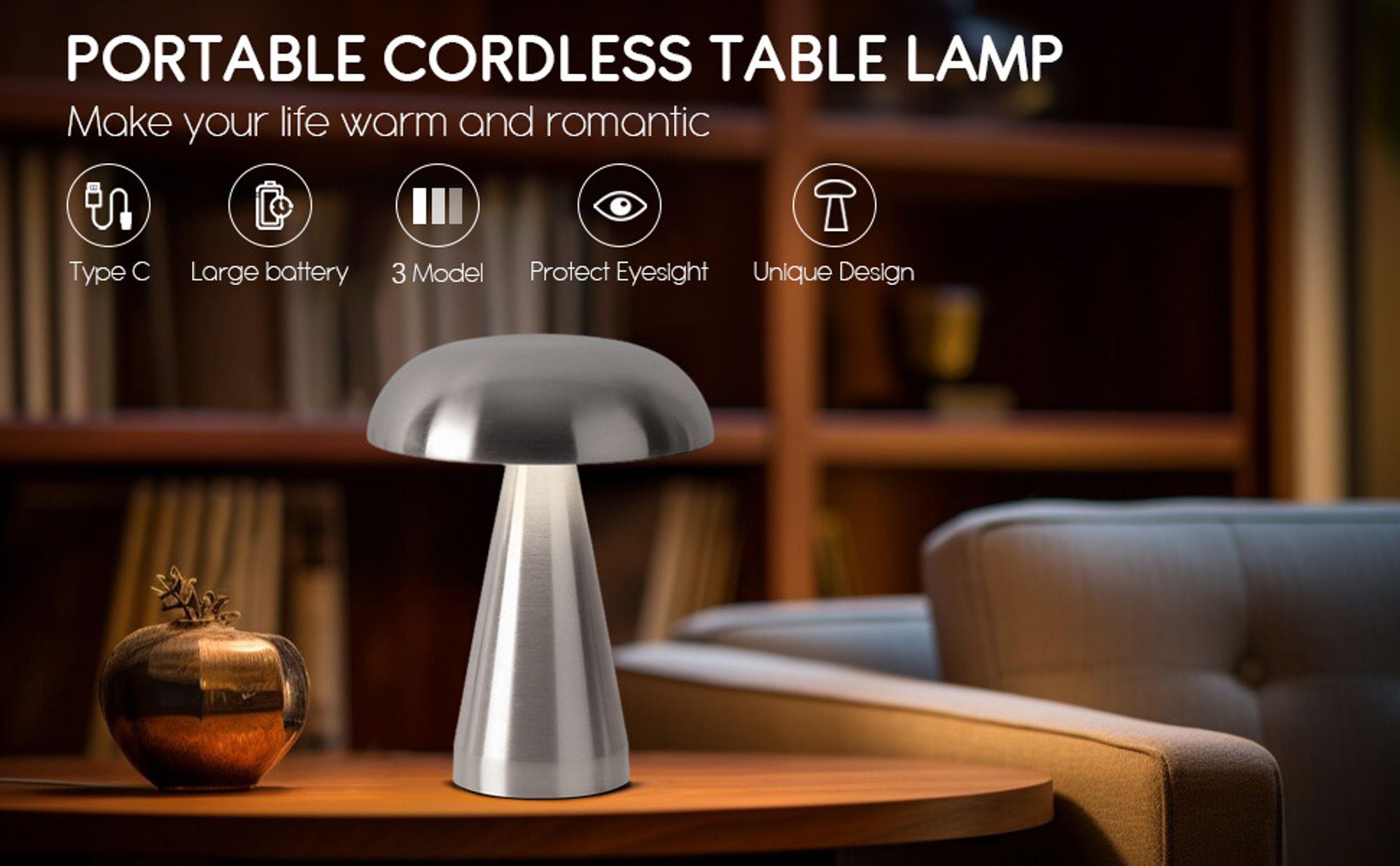 LED Akku Pilz-Tischleuchte Silber Metall Dimmbar Kabellos USB Warmweiß Lampe Touch Tischlampe Nachttischlampe, Touch Steuerung Augenschutz Leselampe