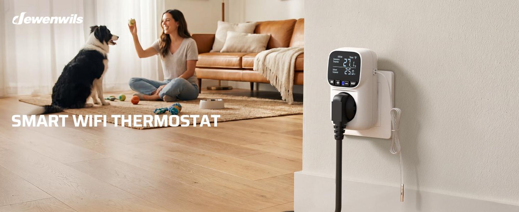 DEWENWILS Smart Thermostat Steckdose, WiFi Temperaturregler mit Fühler 230V, App Steuerung, LCD-Display, 6 Betriebsmodi mit Heizen/Kühlen/Timer