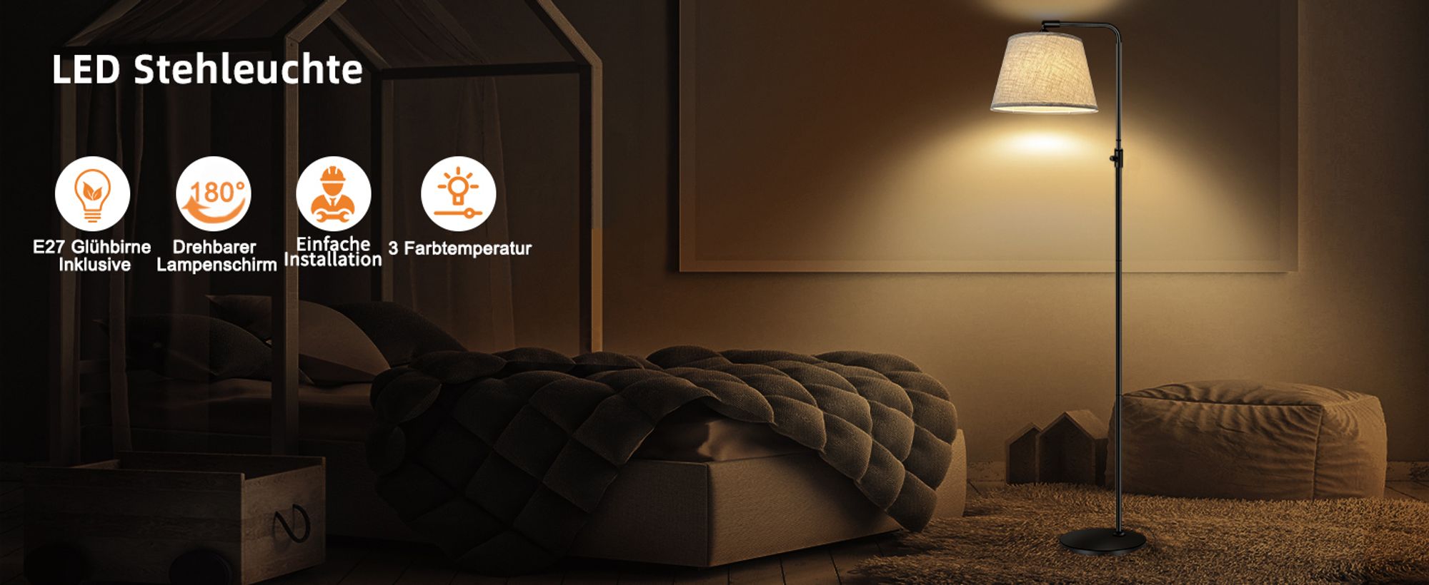 Stehlampe Moderne Stehleuchte Standleuchte mit 12W 3 Farbtemperatur LED Glühbirne für Schlafzimmer Wohnzimmer Büro