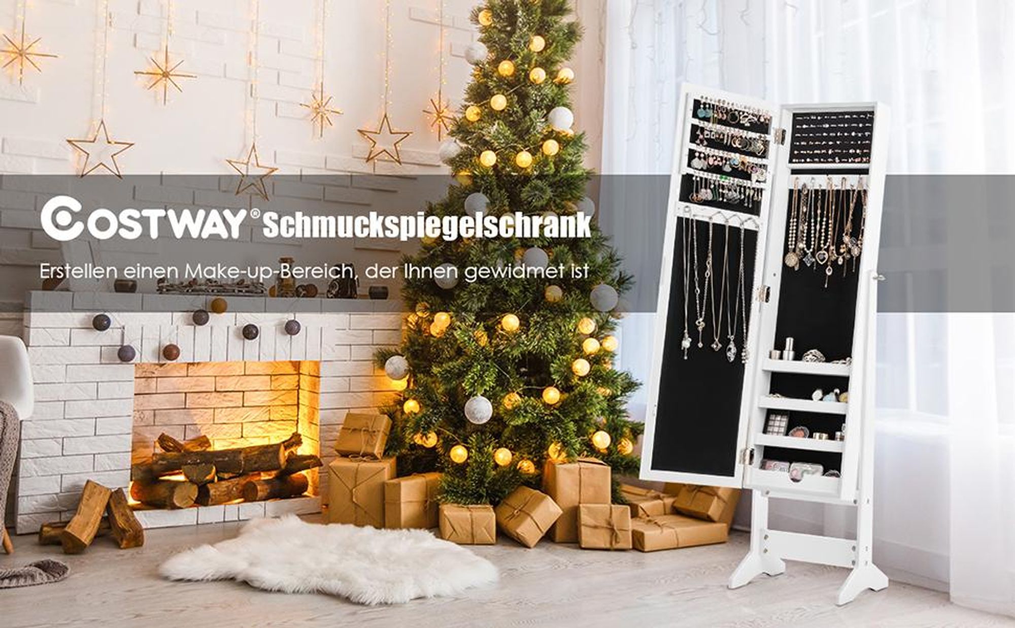 COSTWAY Schmuckschrank neigungsverstellbar, Schmuckregal mit Ganzkörperspiegel, Schmuck Spiegelschrank weiß