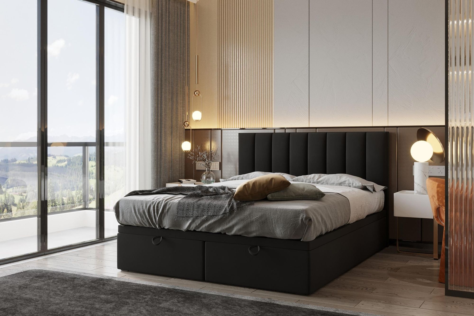 TRADA Bond Boxspringbett 200x200 mit Bettkasten mit Matratzen Stauraum Velvet 9-Komfortzonen H3 Schwarz