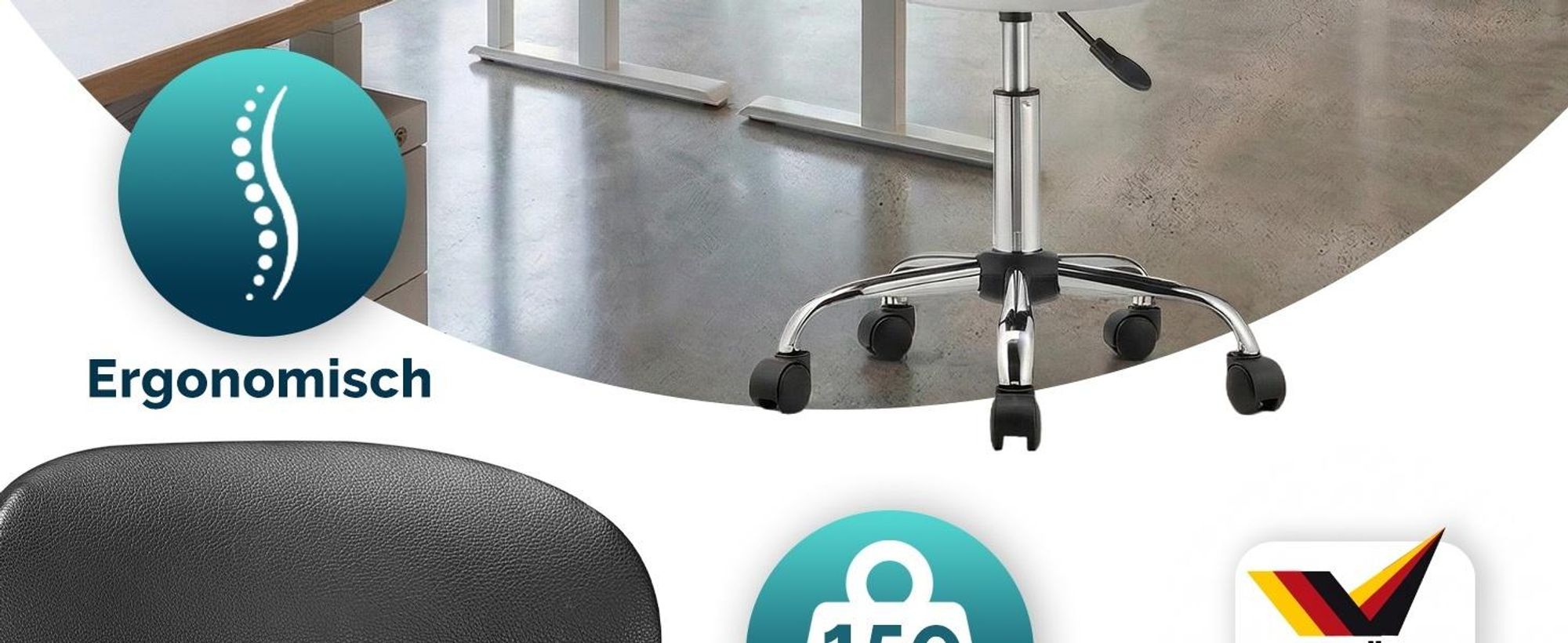 CASARIA® Rollhocker mit Lehne Höhenverstellbar 10cm Polsterung 360°C Drehbar 46-60cm Sitzhöhe Büro Küche Bürohocker Drehhocker Arbeitshocker Hocker Weiß