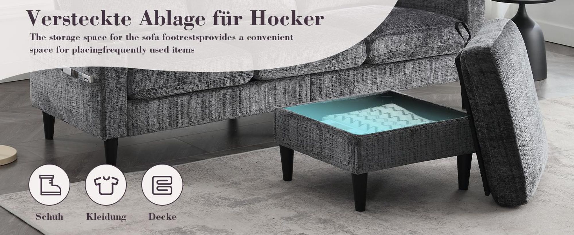 LVHOM 3-Sitzer-Sofa mit Hocker, 196,5 cm Modulares Sofa mit Getränkehälter und Seitentaschen, Sitzbank Chenille mit Stauraum, Couchgarnitur, Beige