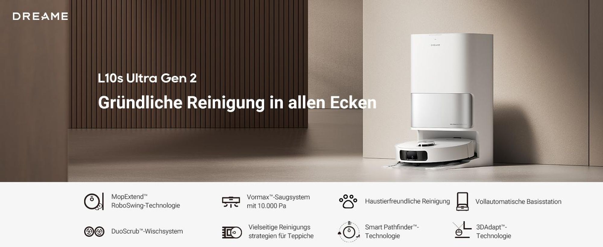 Dreame L10s Ultra Gen 2 Saugroboter mit Wischfunktion,MopExtend™ RoboSwing-Technologie, 10.000 Pa Vormax™-Saugkraft,vollautomatischer Basisstation