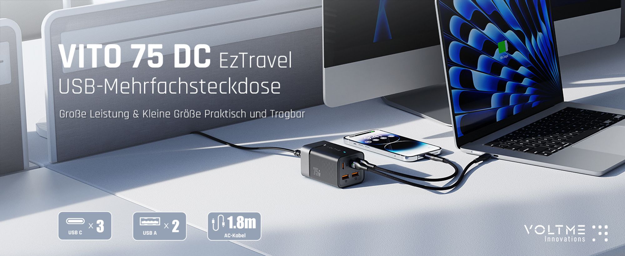 75W GaN3 USB-C Ladegerät, VITO Go EzTravel Desktop Charger , PD3.0 5-Port Mehrfach Schnellladegerät 3xUSB-C + 2xUSB