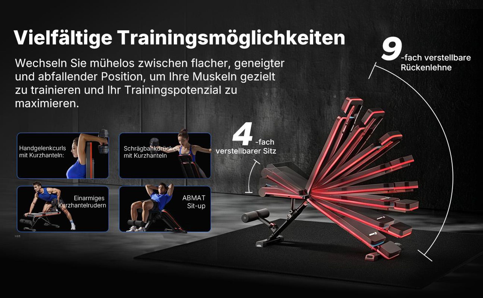 Hantelbank klappbar, 450 kg belastbar, 9-fach verstellbare Rückenlehne, verstellbare Flach- und Schrägbank fürs Home Gym Merach, rutschfest