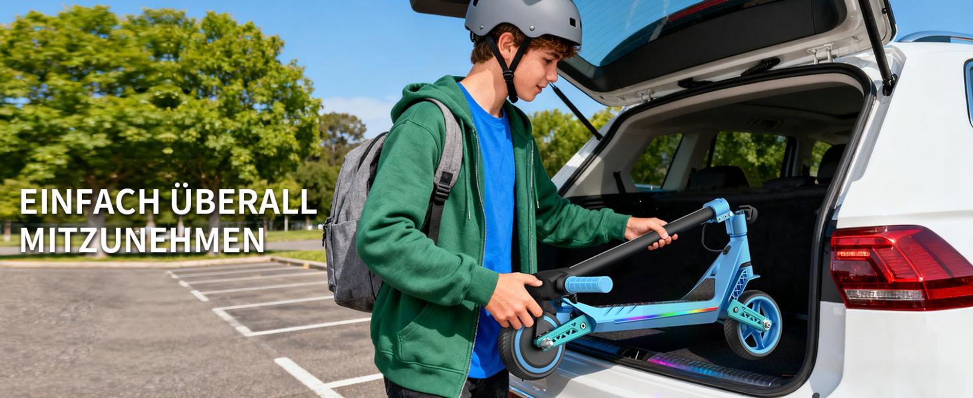 Elektroroller Kinder 6-12 Jahren, Elektroscooter 130W, Klappbar, LED, Kinder E Roller, Doppelstoßdämpfung, Max.16 km/h, Reichweite 10Km, Blau