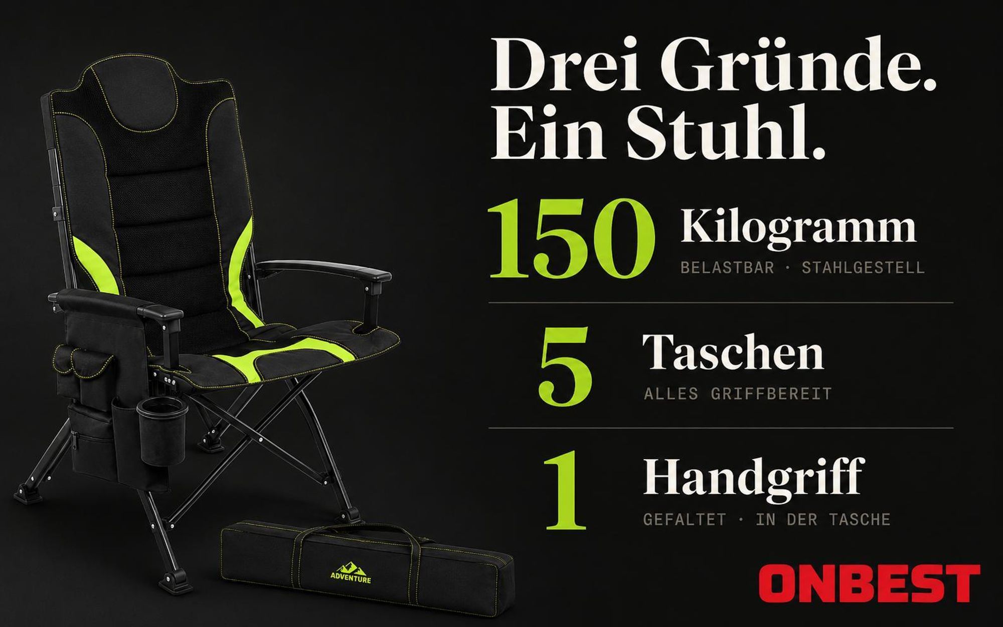 ONBEST Campingstuhl faltbar | 150 kg | inklusive Tragetasche | Rückentasche | Stahlgestell | Wasserabweisend