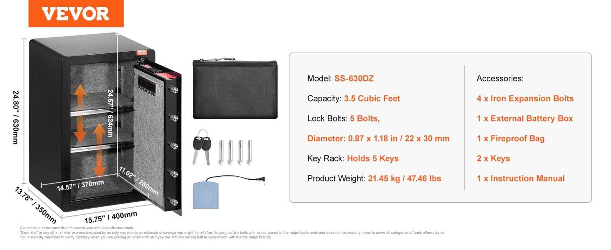 VEVOR Einzeltür 4,0 cu.ft Safe Box mit Schlüsselverschluss & Passwort, Safe Lock Box mit feuerfestem Beutel, Schlüsselablage, LED-Licht, 2 Regalen und 1 Schrank für Geld, Dokumente, Schmuck und Wertsachen, Schwarz, Passwort + Schlüssel-a, 99L