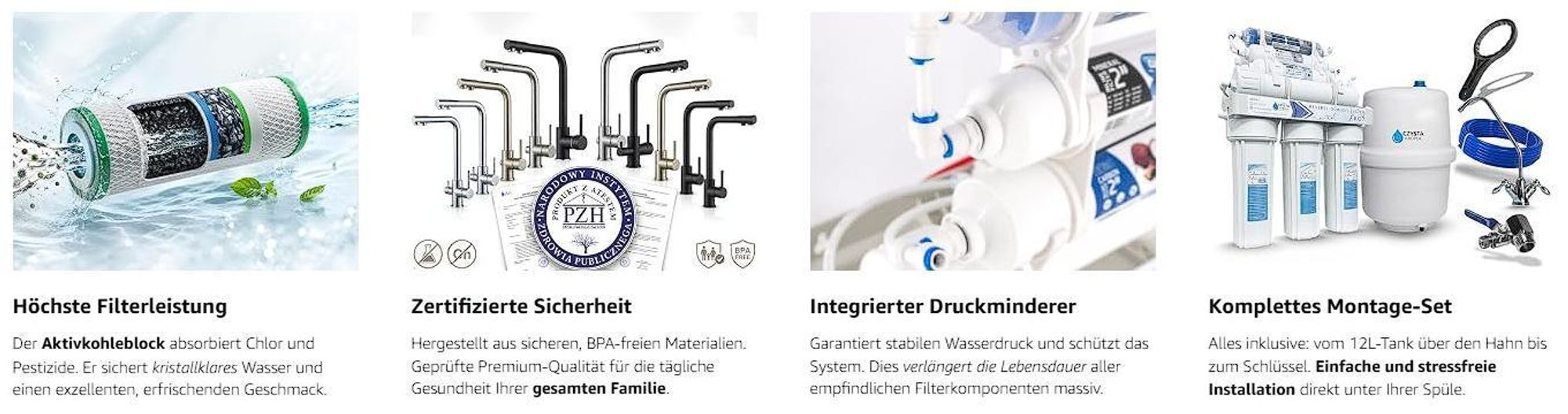 Wasserfilter Set RO7 mit 3-Wege Küchenarmatur Venom 2 Edelstahl, 7-stufige Umkehrosmose, Mineralisierung, Jonisierung