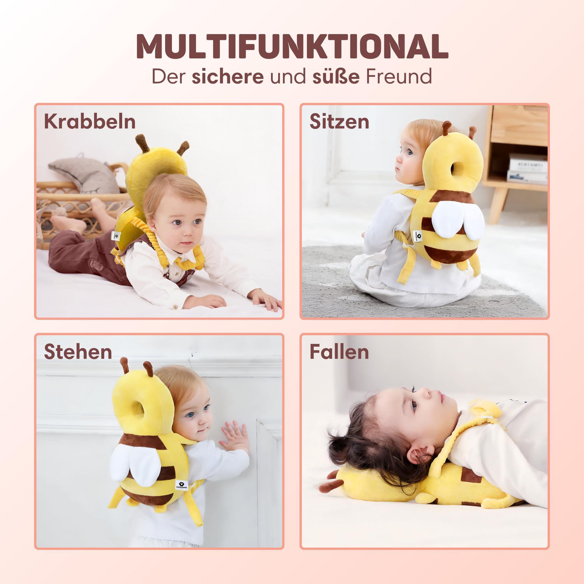 Vulpes Goods Baby Kopfschutz, Fallschutz-Rucksack für Kinder, 3D Bienenform, Kopf-Rückenprotektor Kleinkinder, sicher Krabbeln & Gehen lernen