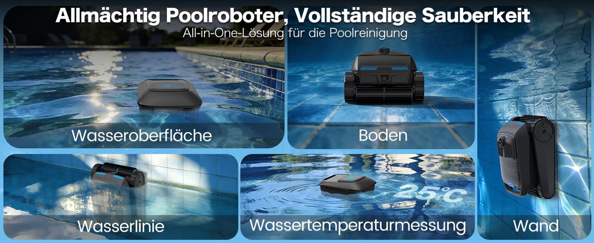AIRROBO CP400 Poolroboter, Intelligente Navigation, Selbsteinparkfunktion, All-in-One Poolreinigung für Wasseroberfläche/Boden/Wand/Wasserlinie
