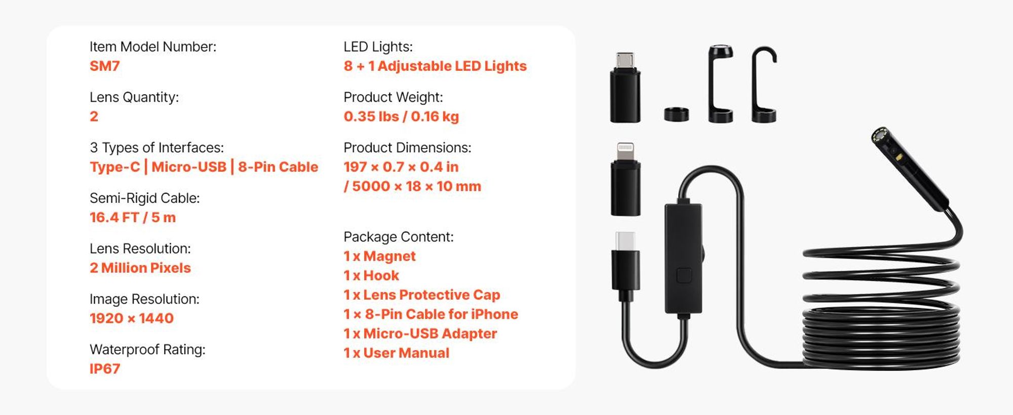 VEVOR Endoskopkamera mit Licht, Dual-Linsen-Boreskop für Android & IOS, 1920P HD Inspektionskamera mit 8 + 1 LED-Licht, 2X Zoom, 5m Schlangenkabel, IP67 wasserdichte Schlangenkamera für Auto, Sanitär, 5 m, Doppellinse