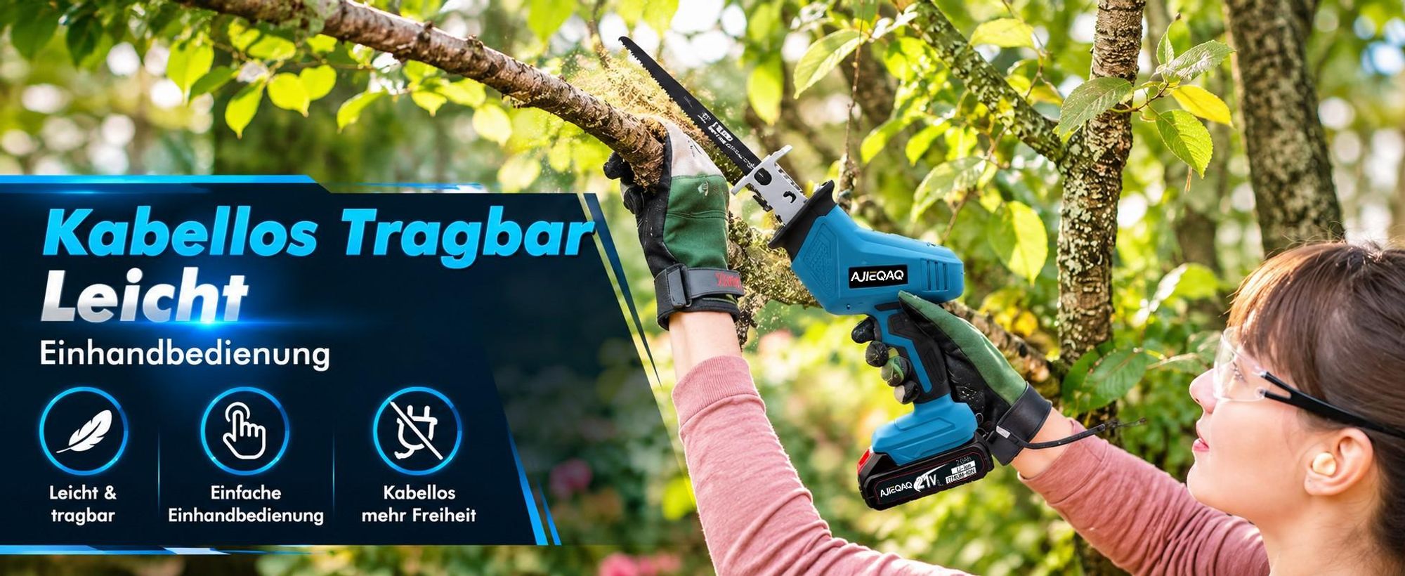 Akku-Säbelsäge 21V Brushless, Cordless Reciprocating Saw mit 2×2,0Ah Akku, 0–4000 U/min, 4 Sägeblätter, für Holz, Metall, PVC & Äste