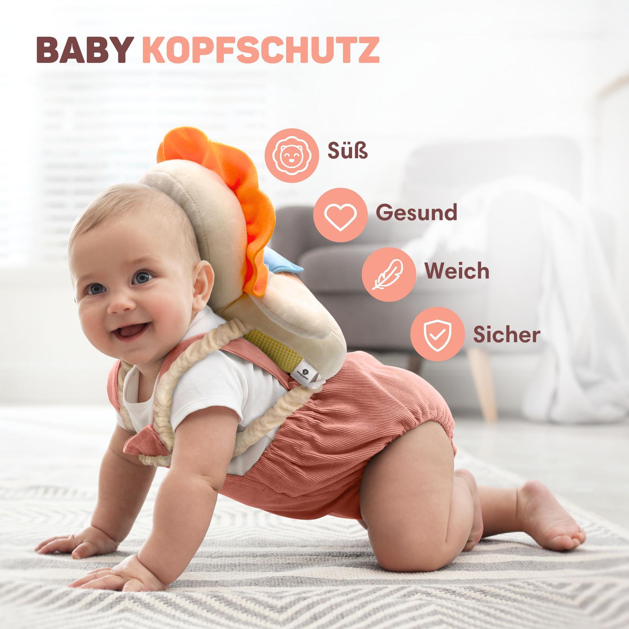 Vulpes Goods Baby Kopfschutz, Fallschutz-Rucksack für Kinder, 3D Löwenform, Kopf-Rückenprotektor Kleinkinder, sicher Krabbeln & Gehen lernen