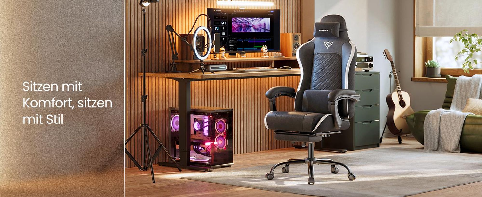 SONGMICS Gaming-Stuhl, Ergonomischer Bürostuhl mit Fußstütze, bis 150 kg, 70 x 70 x 123,5-133 cm, Schwarz