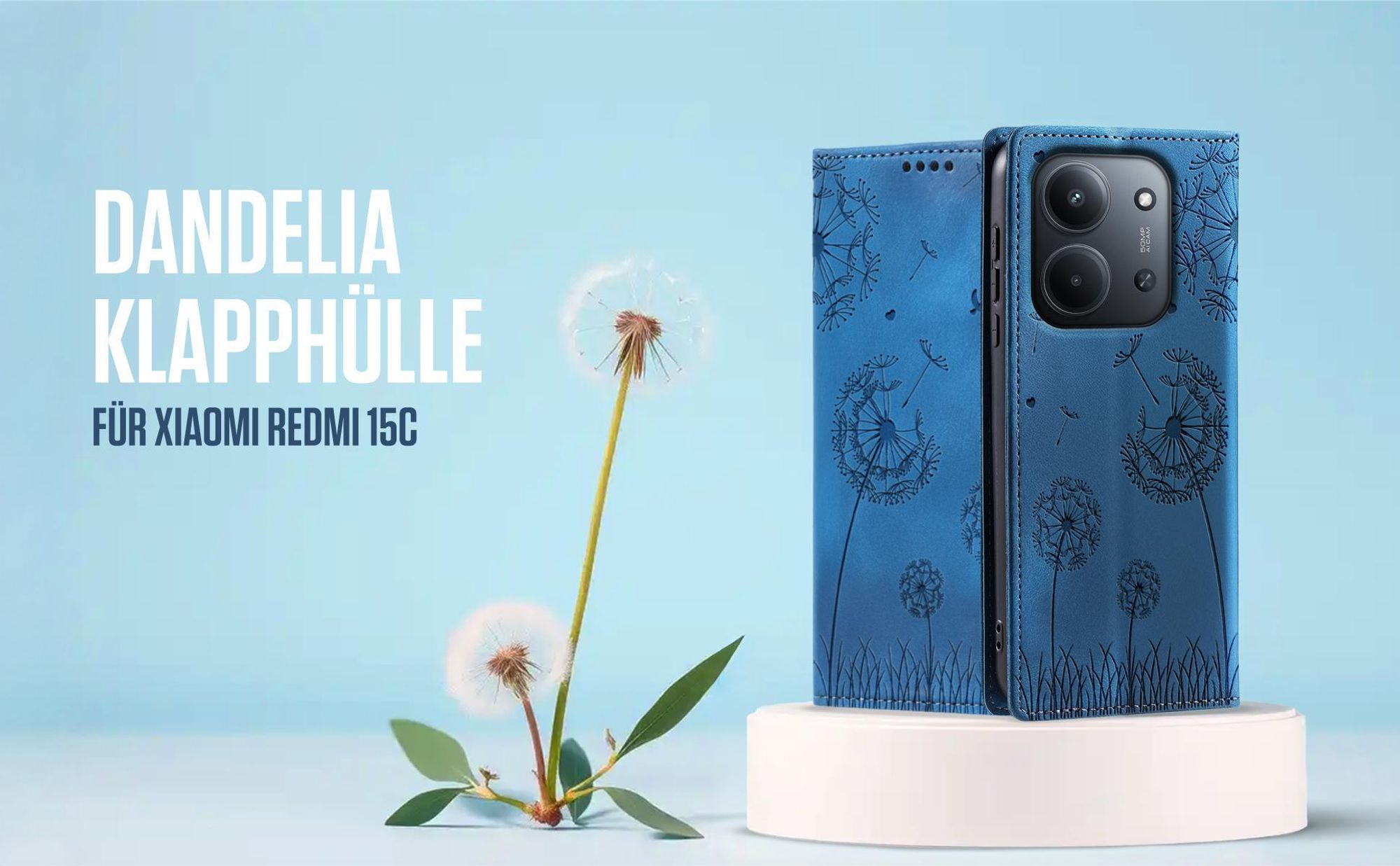 Blaue Klapphülle für Xiaomi Redmi 15C mit feiner Löwenzahn Prägung