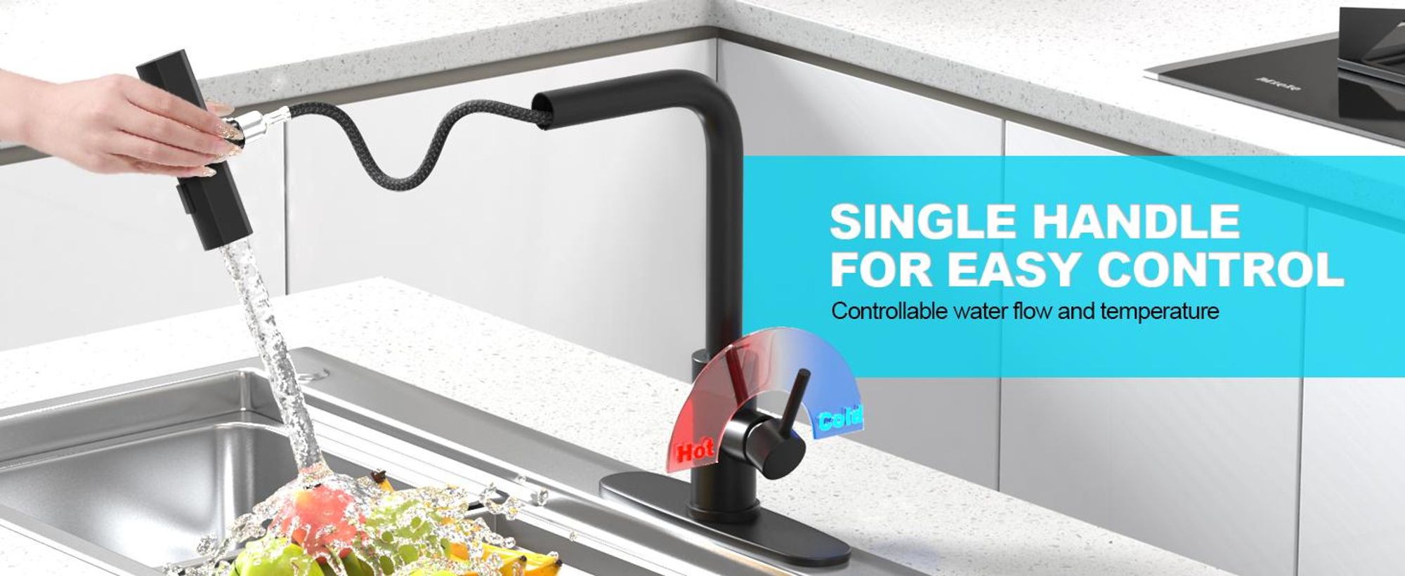 Küchenarmatur , Smart Heater Wasserhahn 360° drehbar, Edelstahl Wasserhahn Küche Waterfall Wasserhahn Küche mit 3 Strahlarte G3/8 Anschluss Armatur