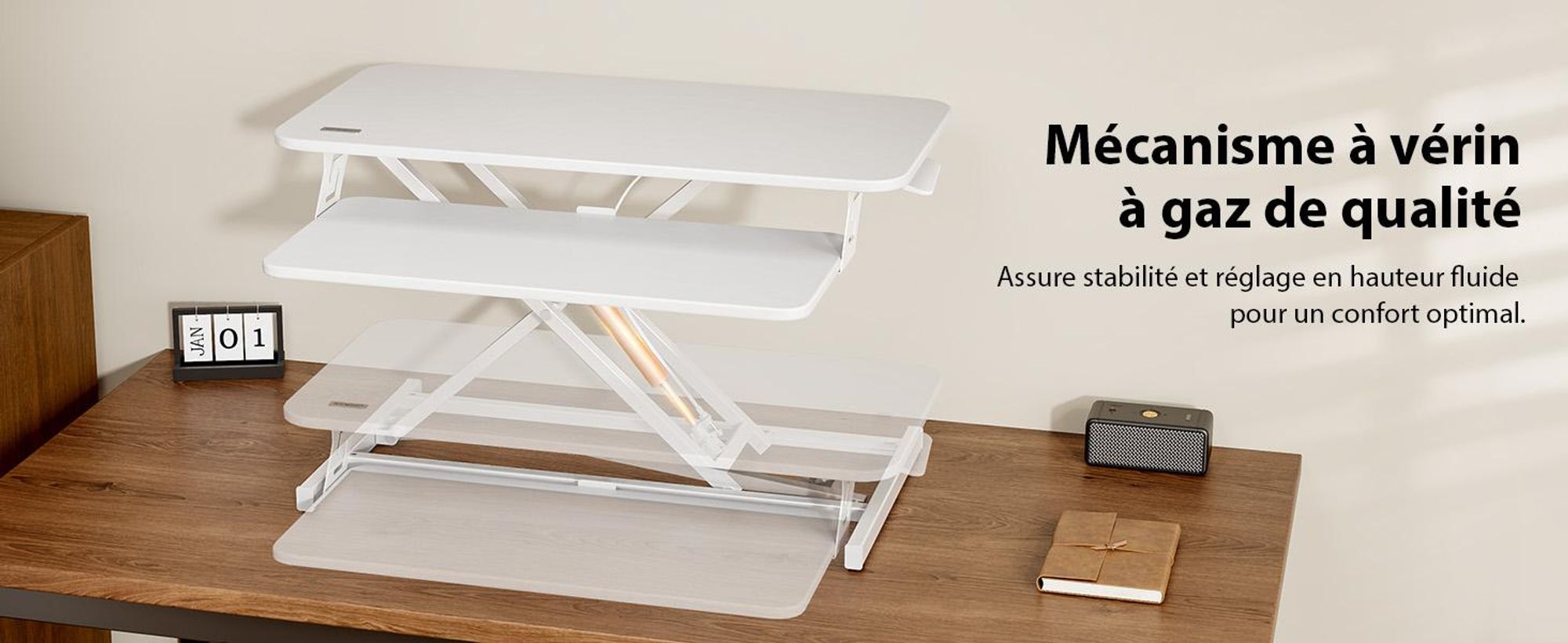 SENSE7 Convertisseur de bureau blanc - Support de bureau ergonomique - Réglable en hauteur - Poste de travail assis-debout - 81 x 40 cm - Pupitre de bureau - Support d'écran jusqu'à 13 kg