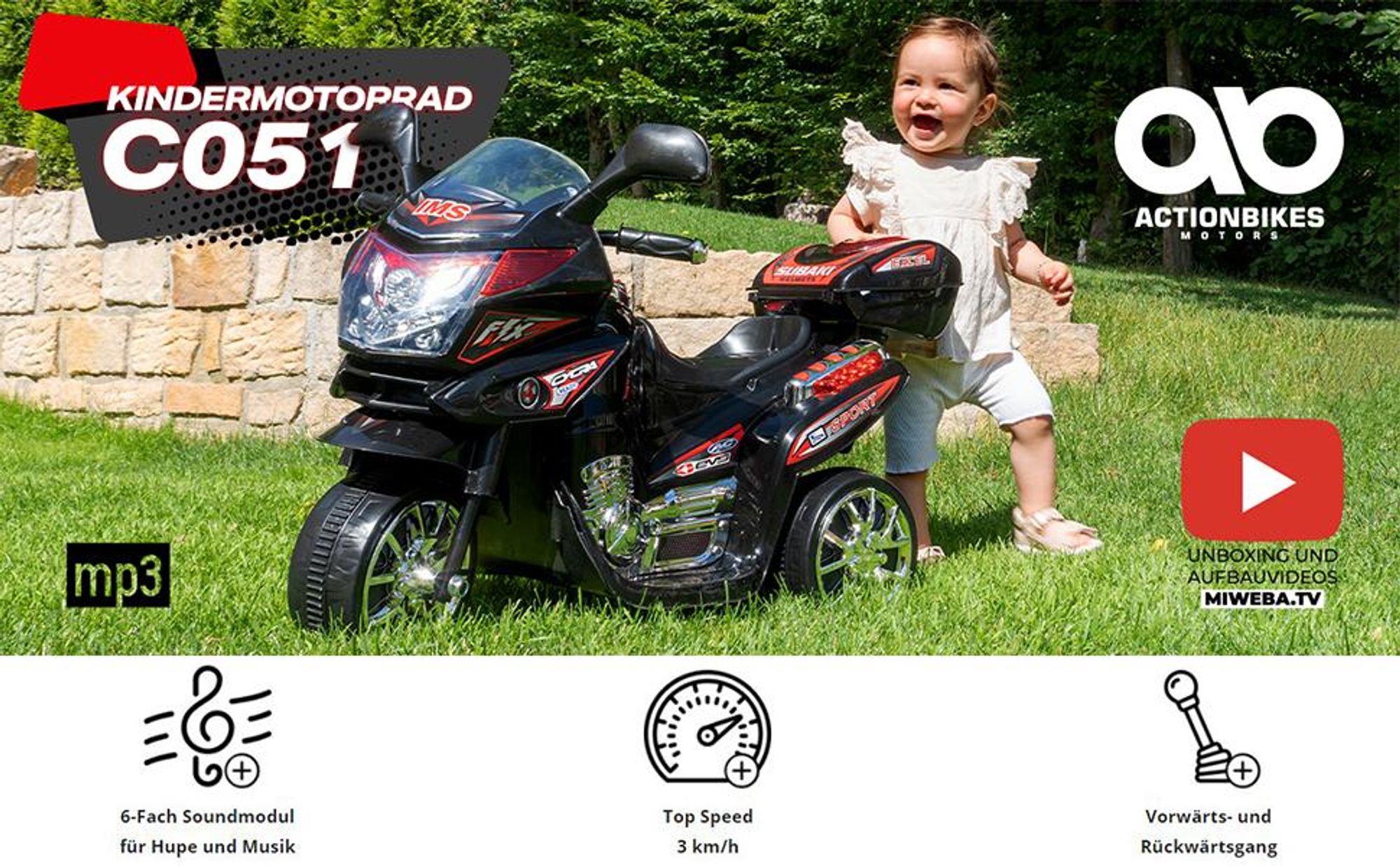 Actionbikes Motors Kindermotorrad | Elektro Dreirad - Kinderfahrzeug - Elektro Motorrad - Elektrofahrzeug - Spielzeugauto - Kinderroller - ab 3 Jahren