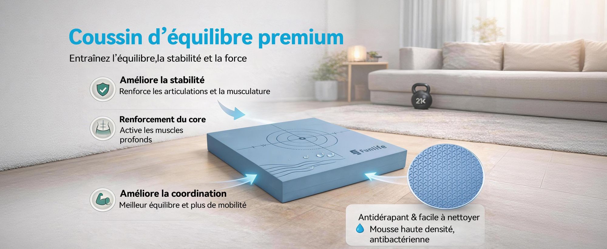 FunLife Balance Pad 40x40x5 cm – Coussin d'équilibre pour l'entraînement du tronc, la coordination, l'équilibre et le yoga, jusqu'à 150 kg