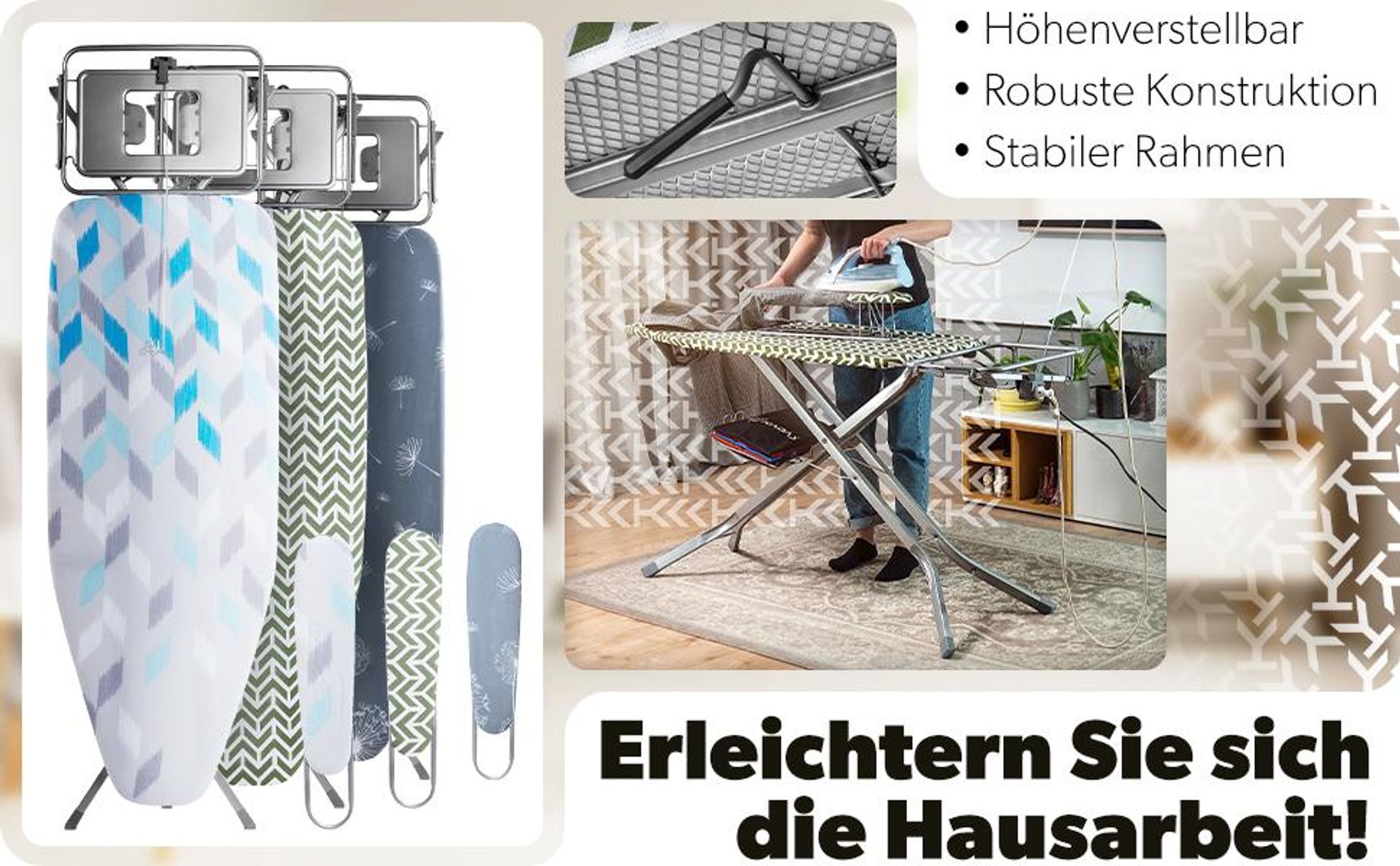 KADAX Bügelbrett mit Steckdose "Aleglo", Bügeleisenablage und Ärmelbügeltisch, 130cm, Grün