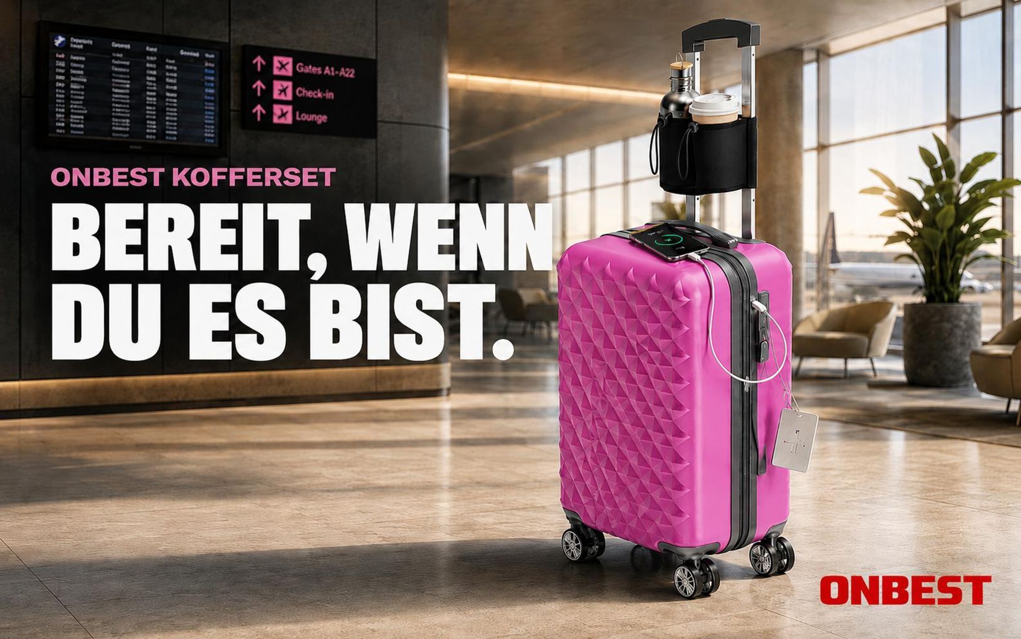 ONBEST Hartschalen Koffer Set | 4-teilig Pink | mit TSA-Schloss | USB-Anschluss | viel Zubehör | 360° Doppelrollen