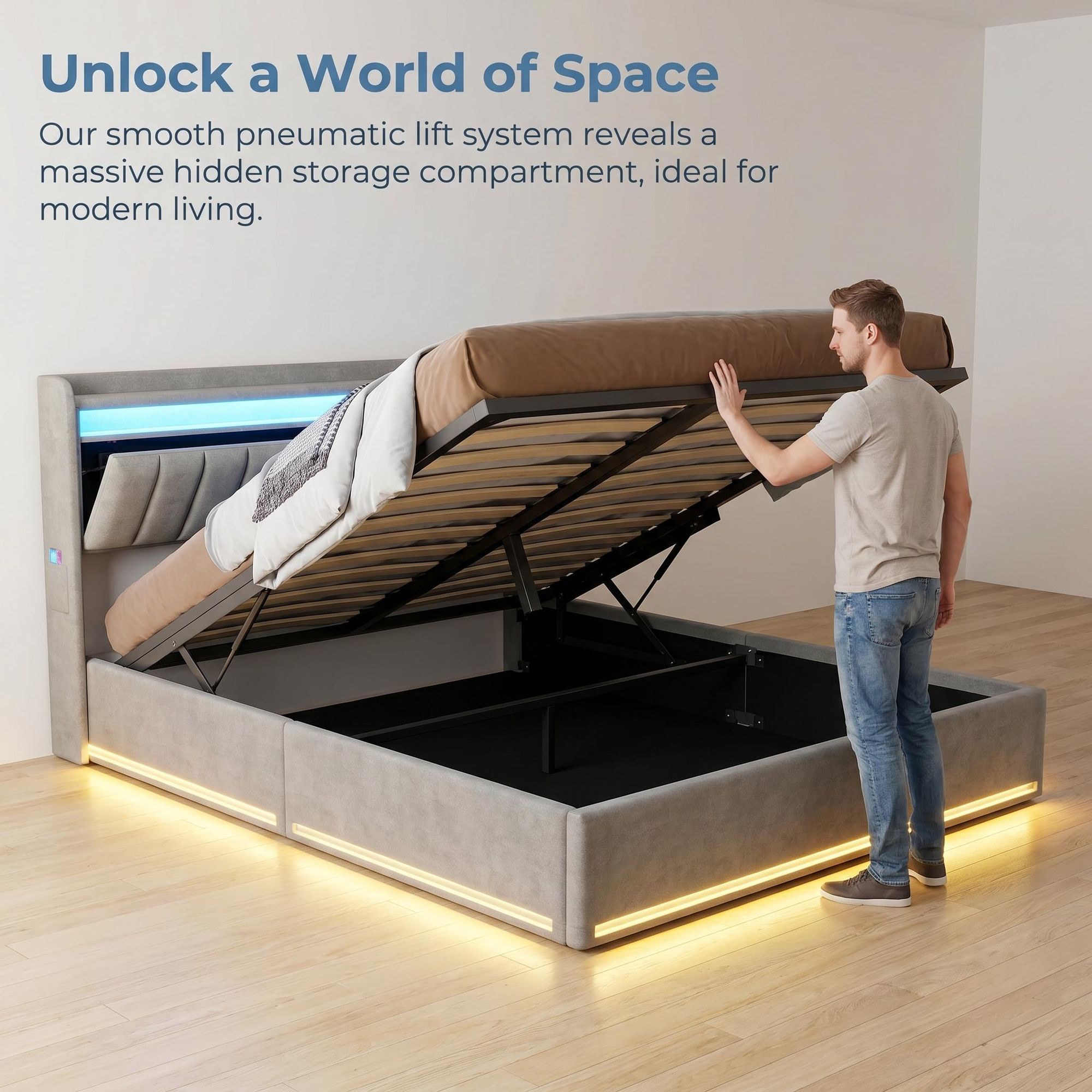 INONEFT Polsterbett Boxspringbett 140x200 cm mit LED & USB Bettgestell mit Lattenrost und Stauraum,Doppelbett mit Bettkasten,Samt Grau,Ohne Matratze