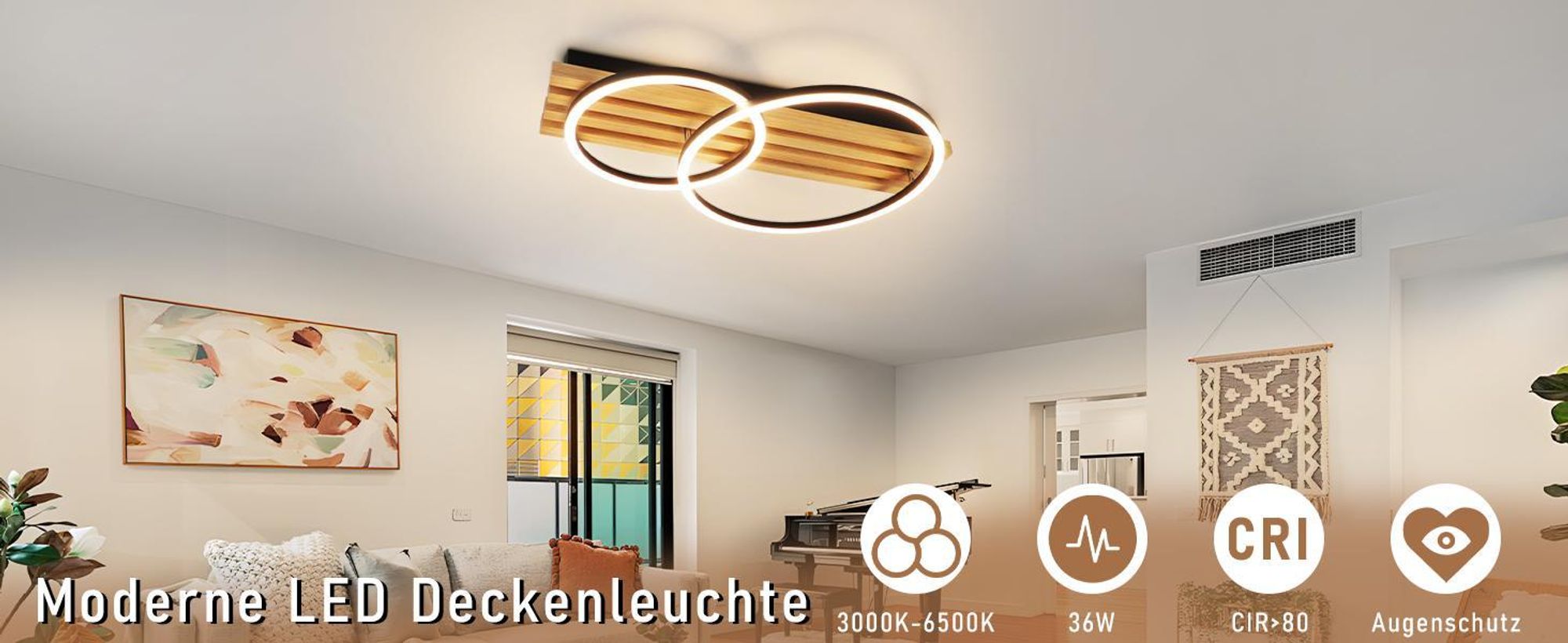 ZMH LED Deckenlamape Holz Deckenleuchte Dimmbar mit Fernbedienung 2 Ringen 36W 55CM Schlafzimmer Lampe Modern deckenleucht Geometrisch wohnzimmerlampe