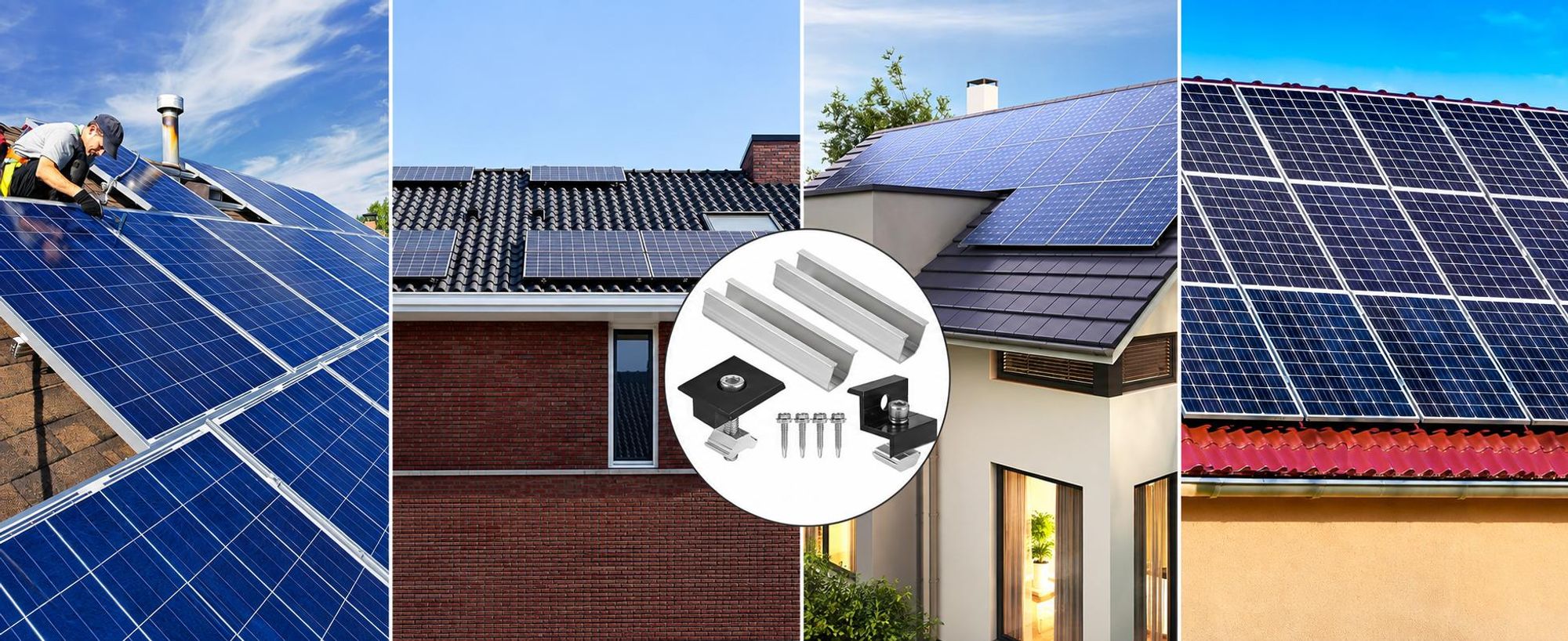 Solarmodul Halterung für 4 Module – PV Montagesystem mit 12 cm Aluminiumschiene & schwarzen Klemmen für 30–40 mm, Flachdach & Trapezblech