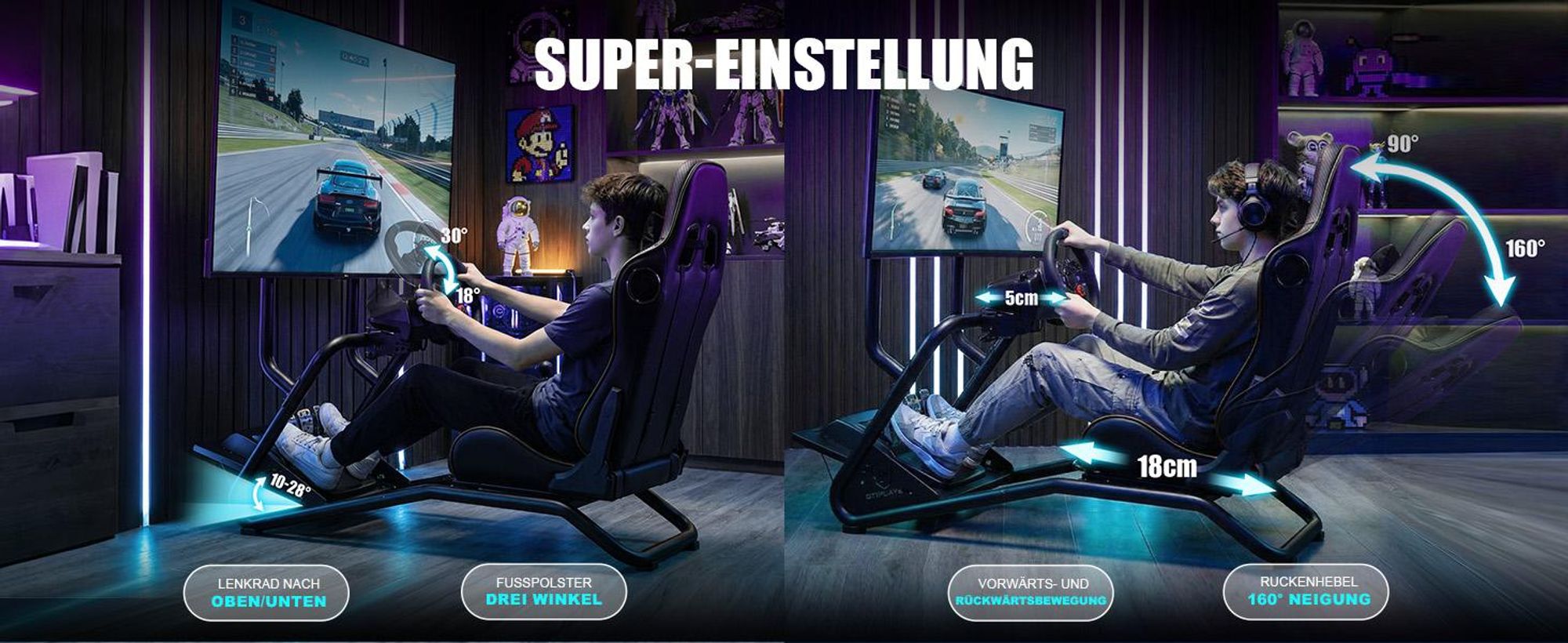 GTPLAYER Simulator Cockpit,Rennsimulator lenkradständer mit 3D-Stereo-Lautsprechern, Monitorhalterung, verstellbarer Lenkradhalterung, Schalthebelhalt