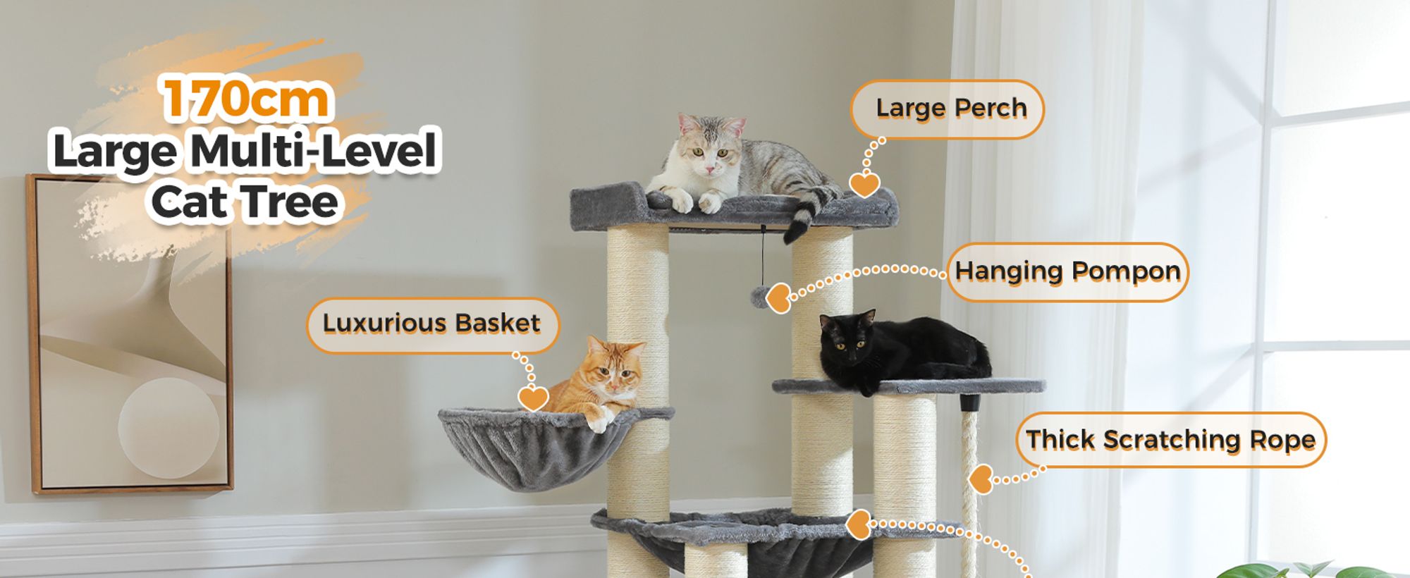 PAWZ Road Kratzbaum Grosse Katzen stabil mit 11cm Stämme, Kratzbaum XXL 170cm