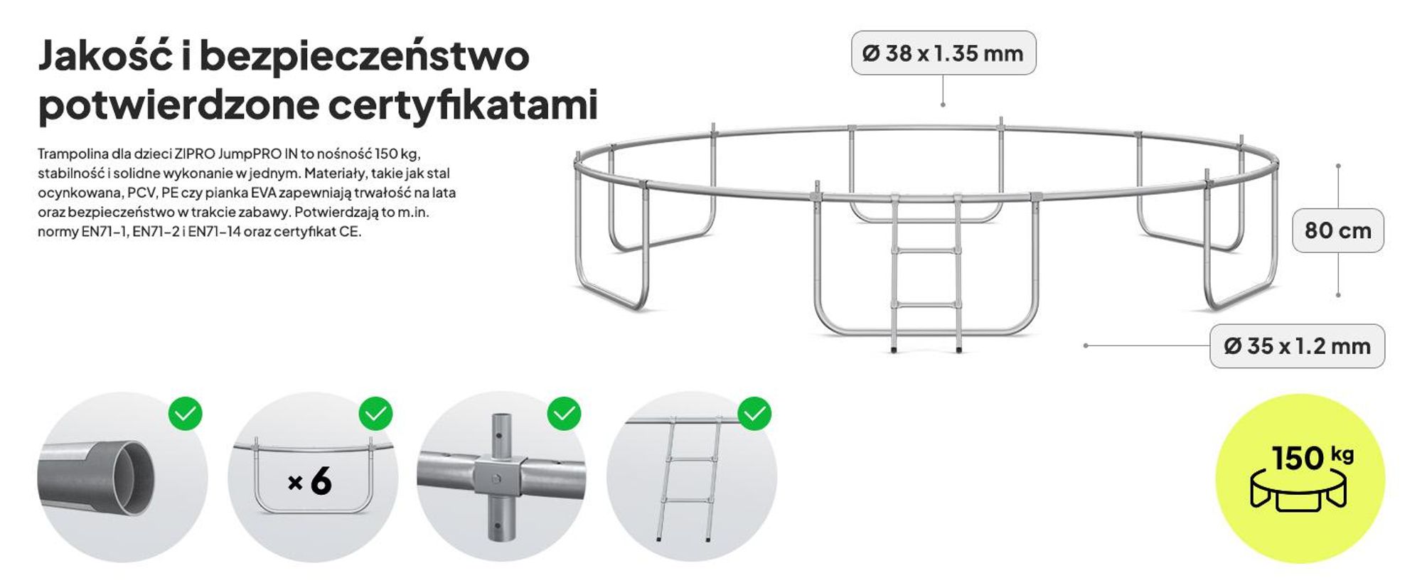 Trampolina ZIPRO Jump Pro IN | 14FT Ø 435 cm | Trampolina ogrodowa Trampolina dla dzieci Kompletny zestaw zawierający siatkę wewnętrzną, drabinkę i osłonę krawędziową, do użytku na zewnątrz, kolor zielony