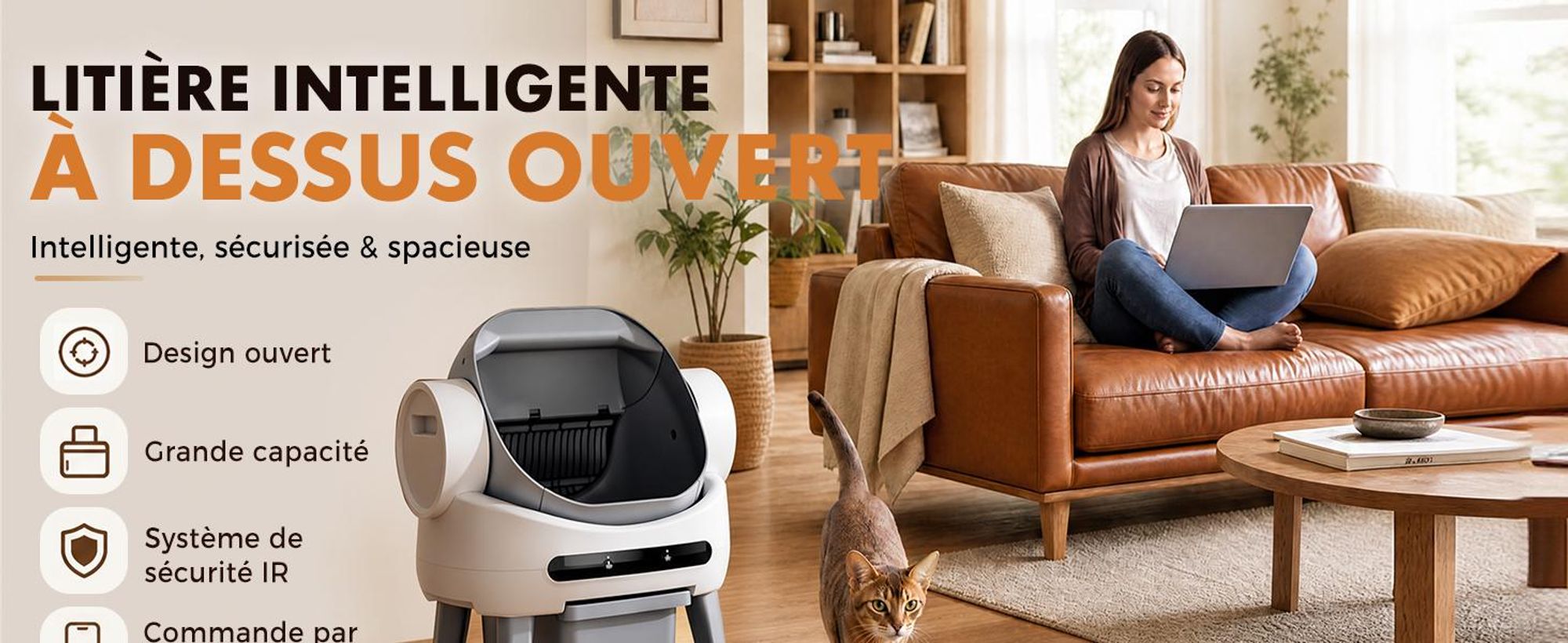 Litière automatique pour chat GTPLAYER, avec système autonettoyant, bac à déchets de 10 litres, contrôle via application avec écran et fonction anti-encrassement, compatible avec tous les types de litière