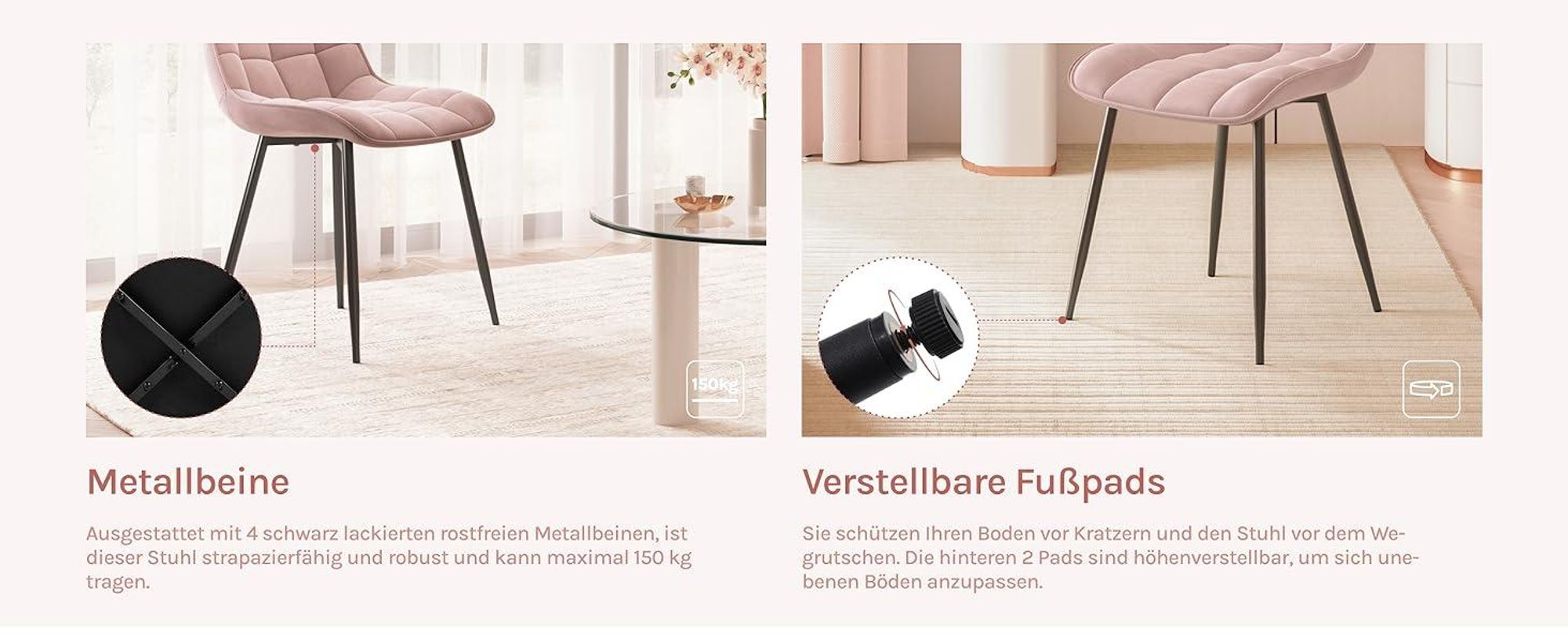 WOLTU Esszimmerstühle 2er-Set, Polsterstuhl mit Rückenlehne, bis 150 kg belastbar, Sitzfläche aus Samt, Metallbeine, Rosa
