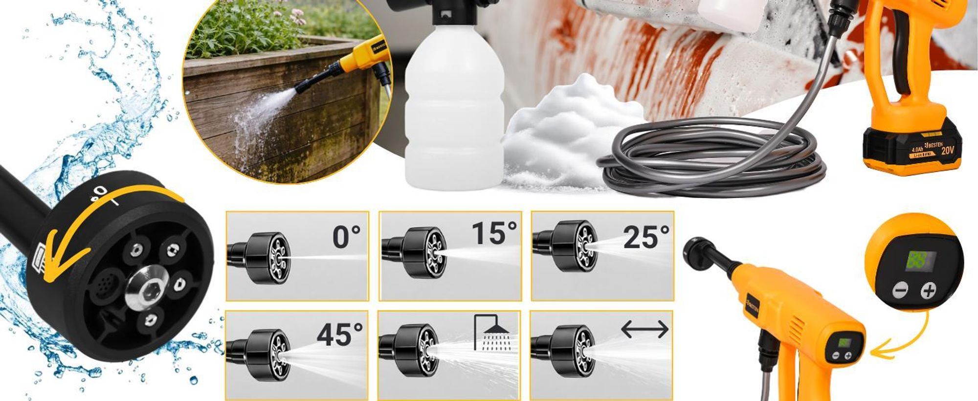 Myjka ciśnieniowa akumulatorowa BESTEN 20V 20 bar 240 l/h 2x4Ah B-PRO dysza 6w1 zasysanie wody