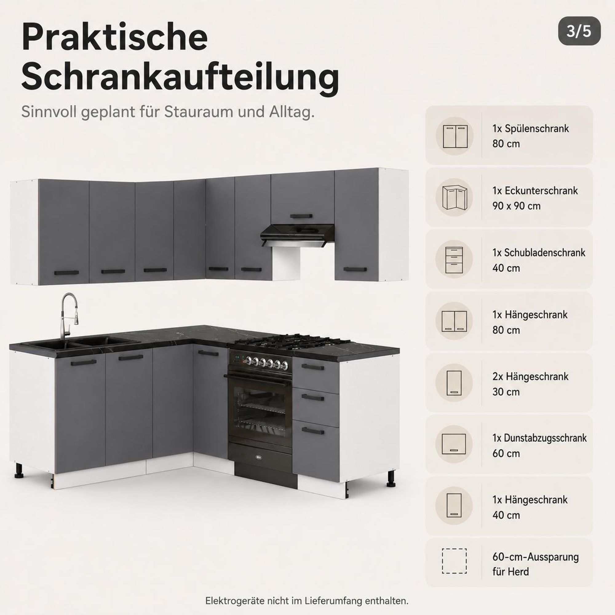 Schrankaufteilung der anthrazitfarbenen Eckküche mit Spülenschrank, Eckschrank und Schubladen.