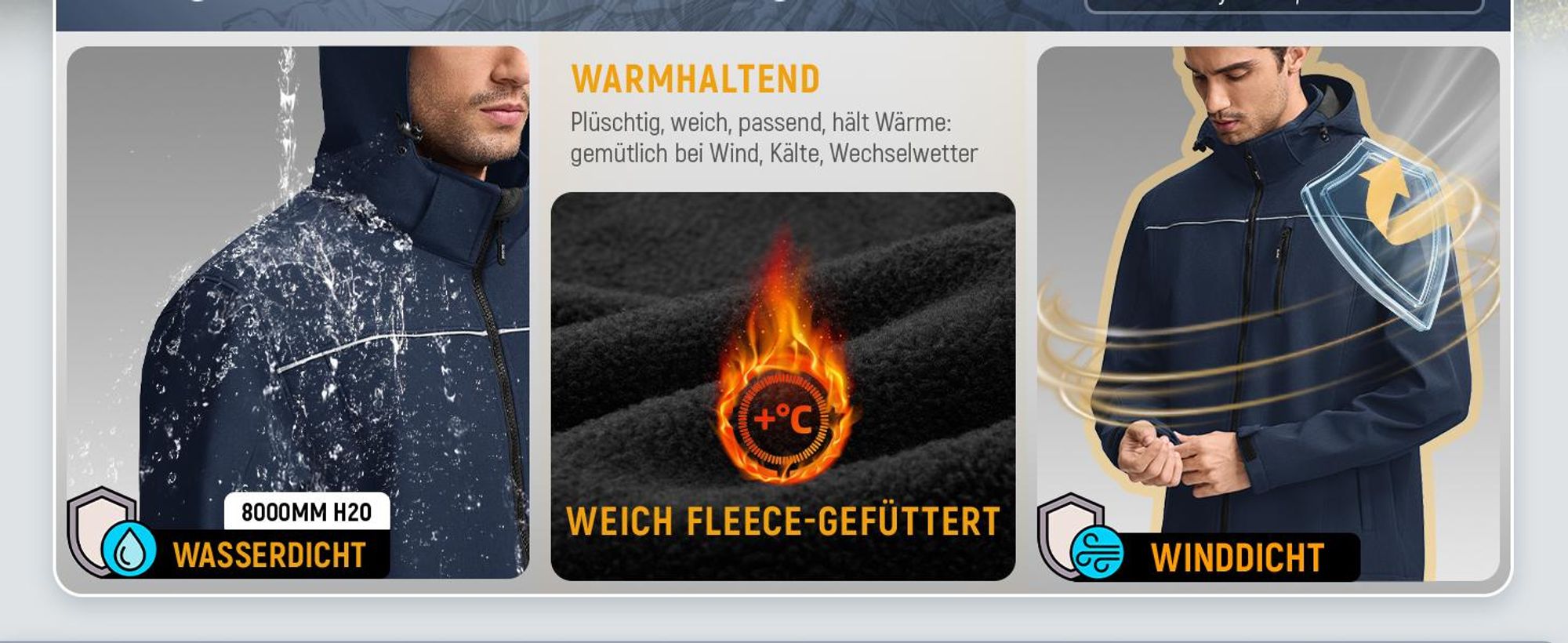 BUBW – Herren Softshell Jacke mit abnehmbarer Kapuze – wasserdicht & winddicht – elastisch & warm – mit Kationengewebe – für Outdoor Aktivitäten