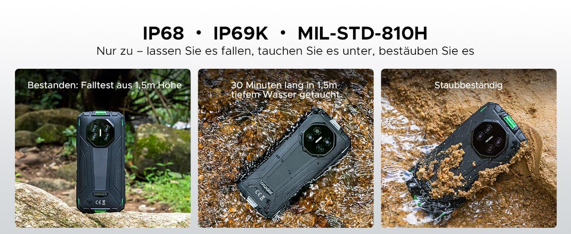 DOOGEE Fire 3 Outdoor Smartphone Handy, 4G, Android 16, IP68/IP69K, 5,5" HD+, 8350mAh, 12+64GB, 13MP, NFC, Gesichtserkennung, ohne Vertrag