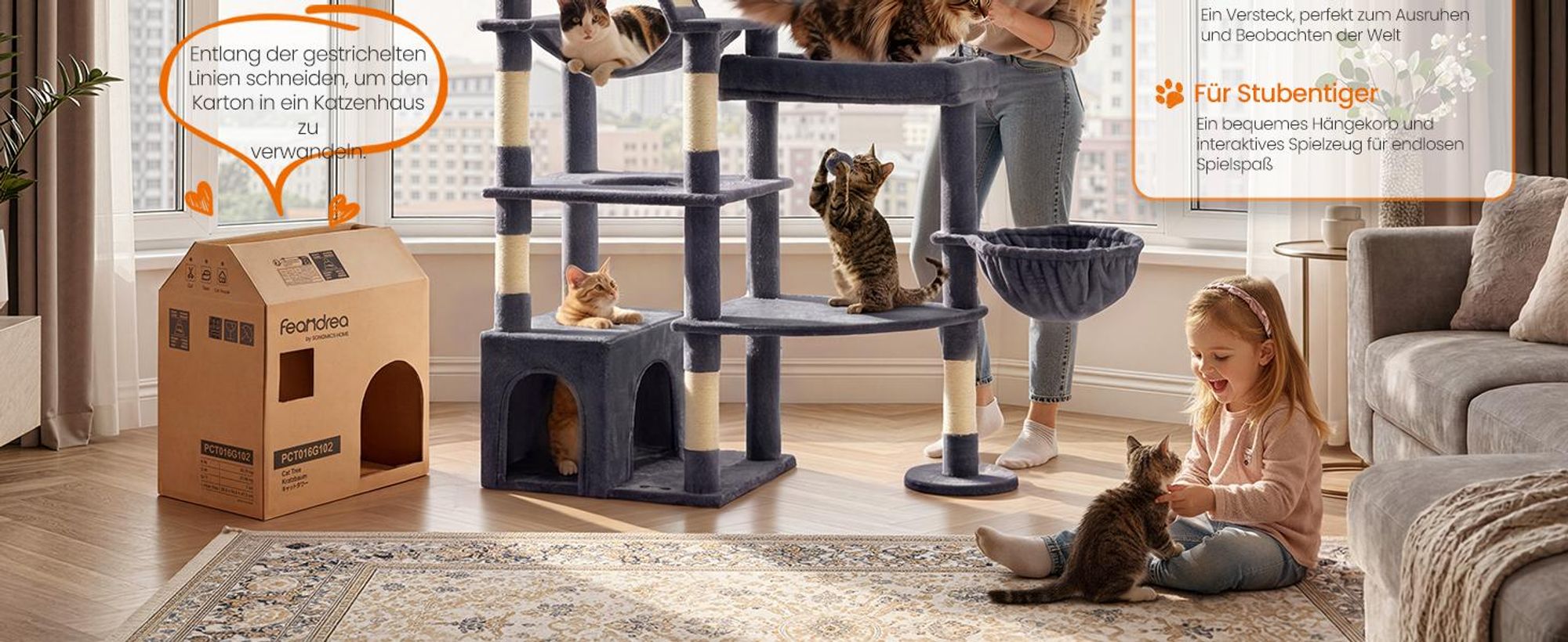 FEANDREA Kratzbaum für Große Katzen, Stabil mit 6 Ruhebereichen und Sisalstämmen, 105 x 45 x 188 cm, Grau