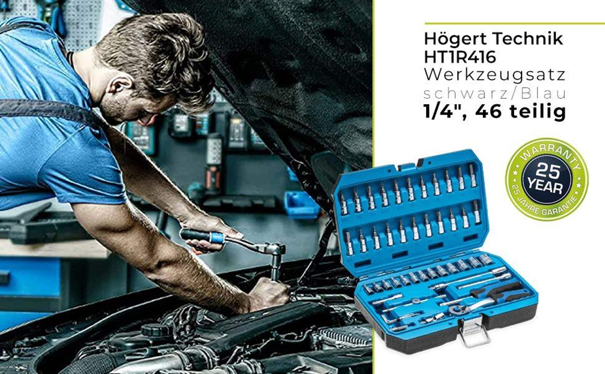 Högert Technik - Werkzeugset, Steckschlüssel, Bits und Zubehör 1/4”, Hochqualitativem Legiertem CrV-Stahl, Gesenkgeschmiedet, Ratschenmechanik mit 72 Sperrklinken, HT1R416 - 46-tlg